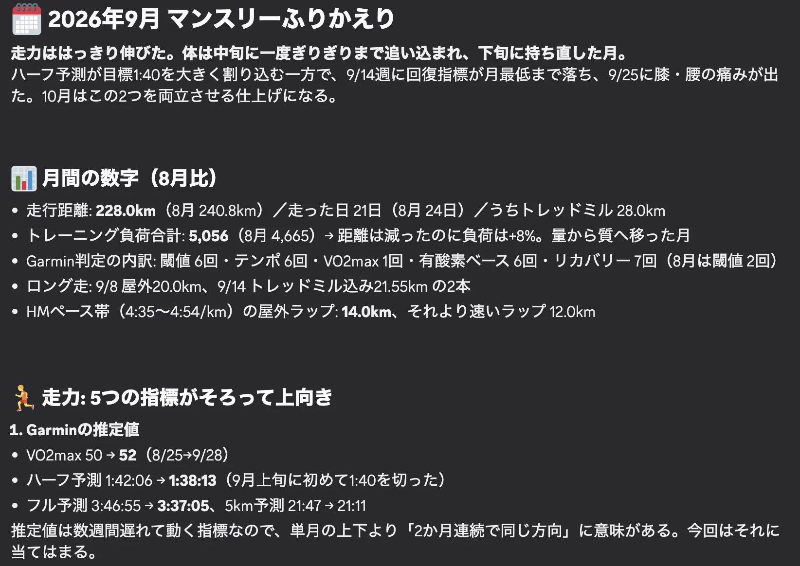 AIがまとめた2026年9月の振り返りの画面。冒頭に「走力ははっきり伸びた。体は中旬に一度ぎりぎりまで追い込まれ、下旬に持ち直した月」とあり、月間走行距離、VO2max、ハーフとフルの予測タイムの変化が並んでいる